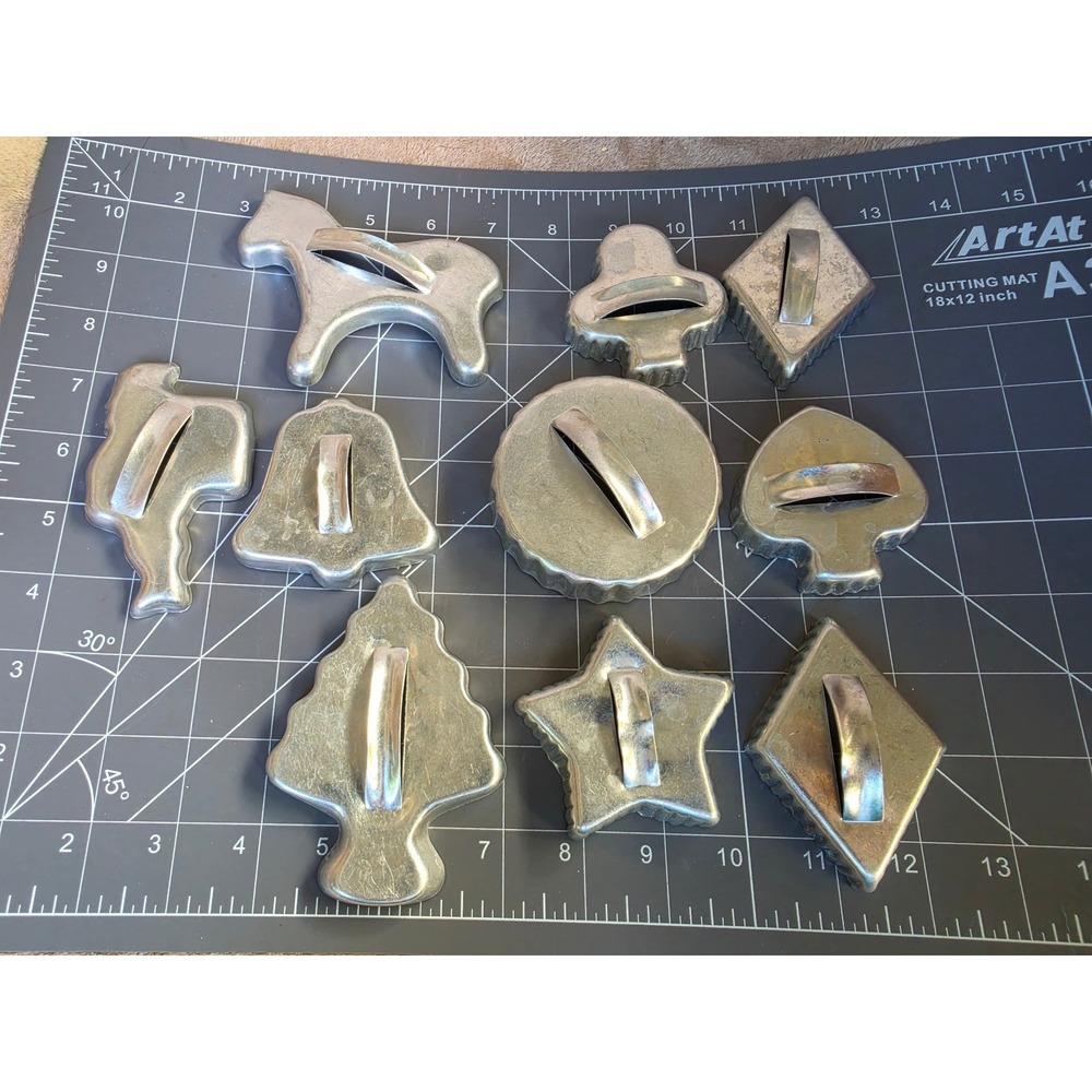 Vintage Aluminum Cookie Cutter Set 10pc Holiday Shapes Horse Tree Star Handles
